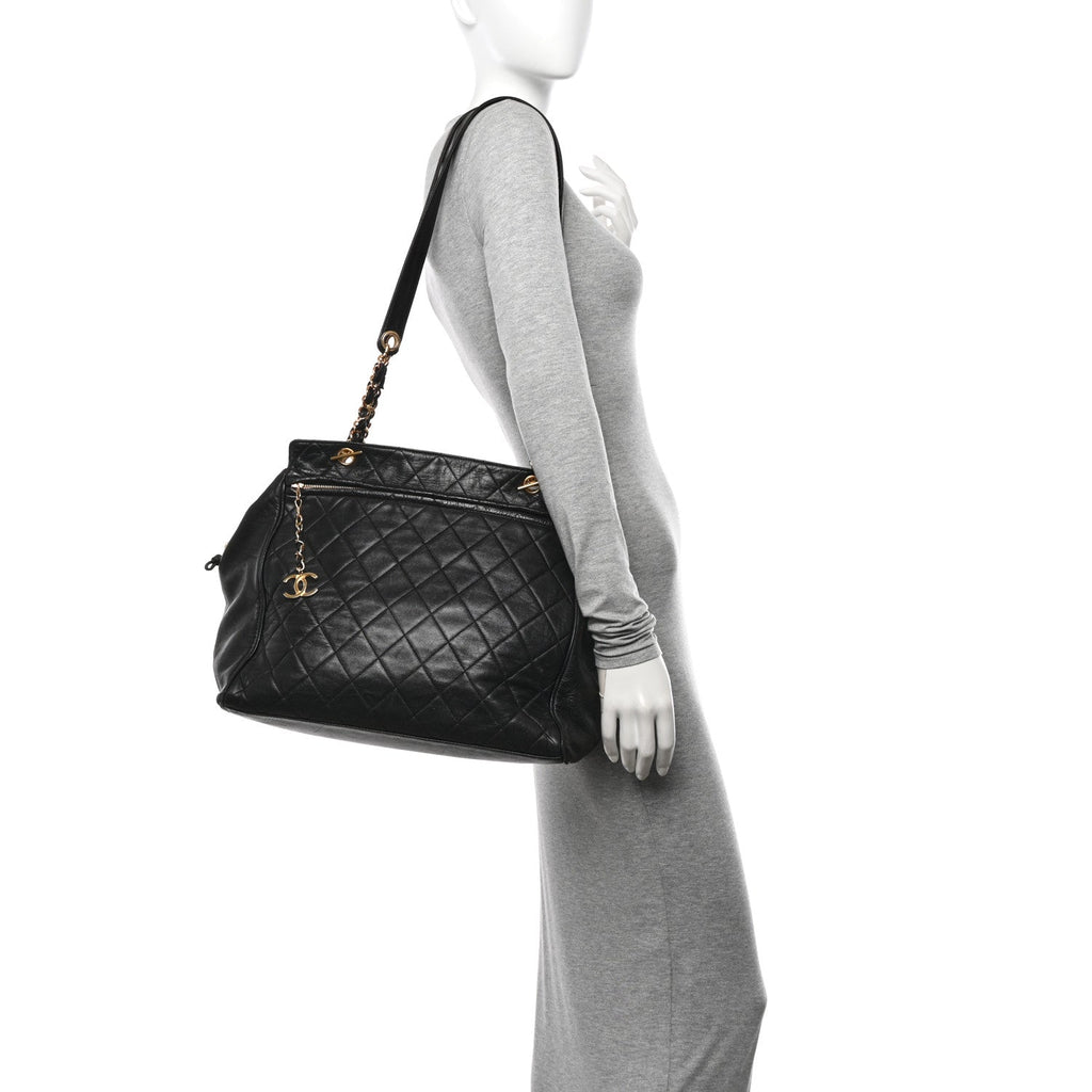 Lambskin Large Quilted Shopping Tote Black