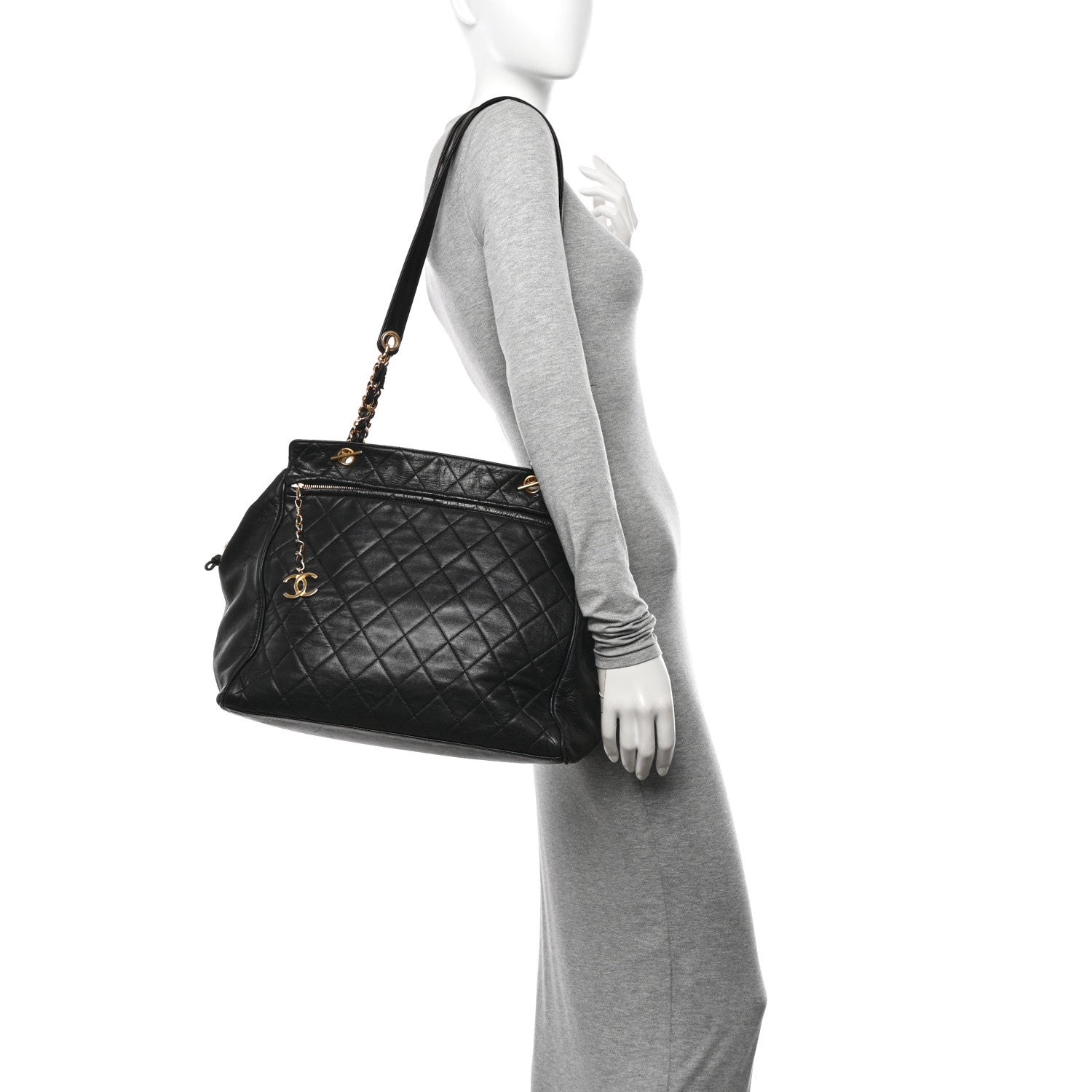 Lambskin Large Quilted Shopping Tote Black