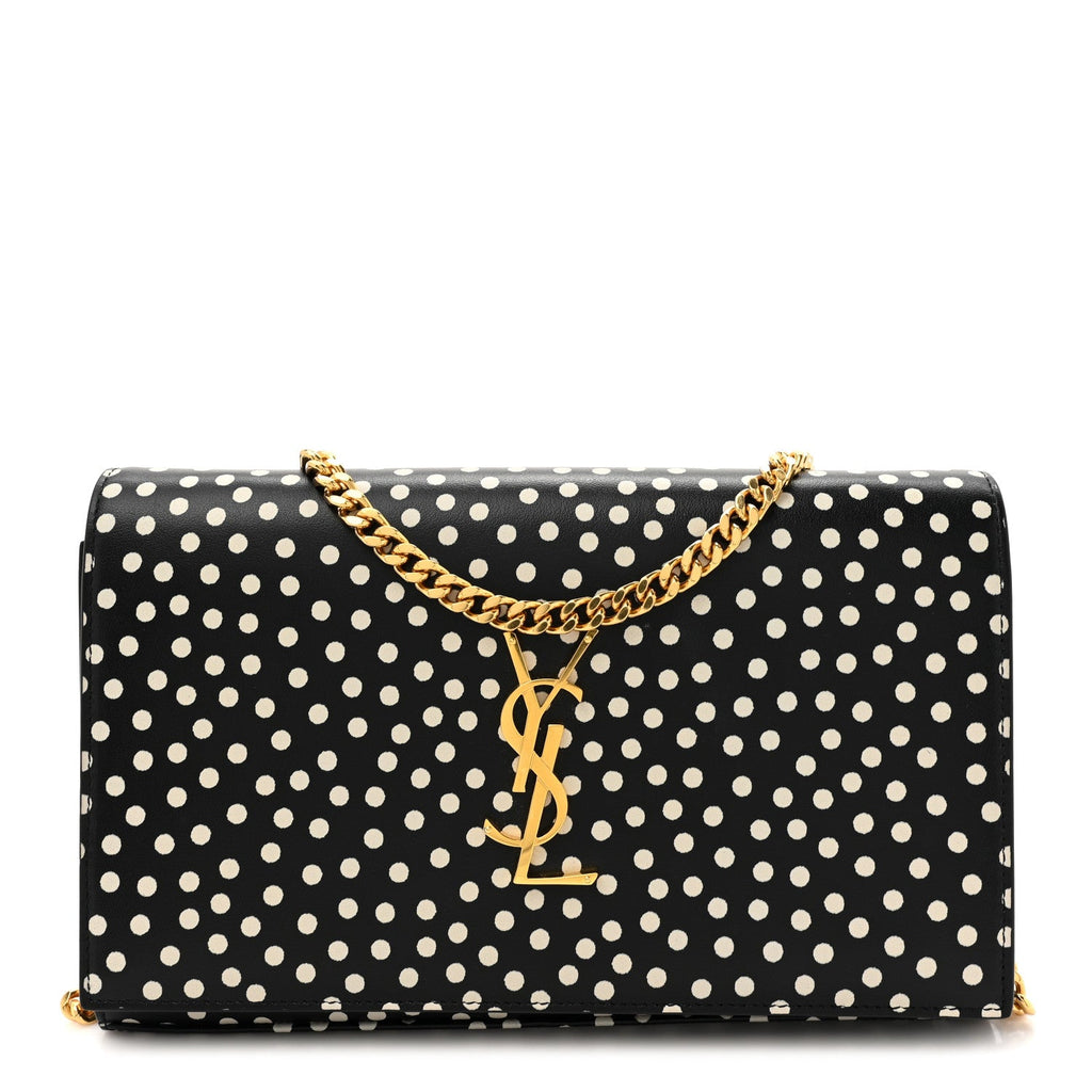 Calfskin Polka Dot Print Monogram Chain Wallet Black Crema Soft