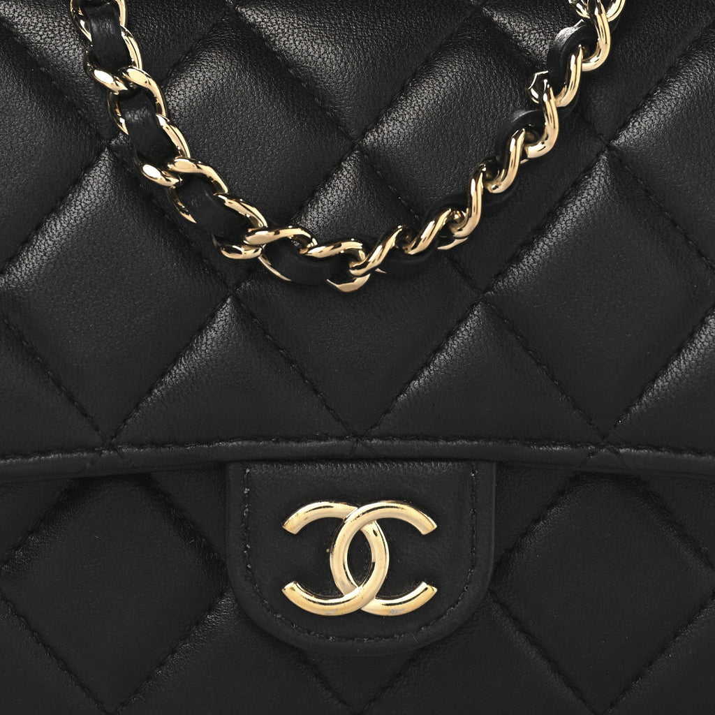 Lambskin Quilted Flap Phone Holder With Chain Black