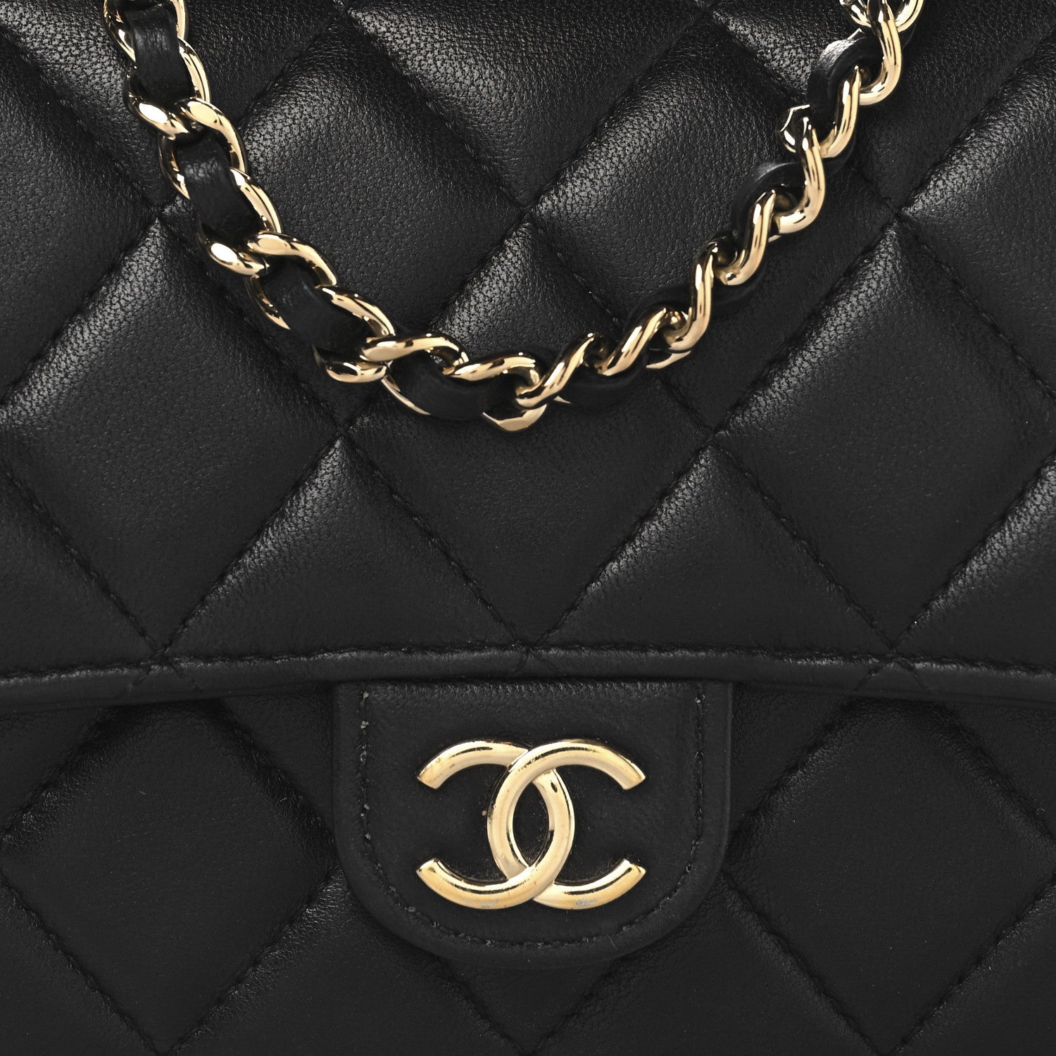 Lambskin Quilted Flap Phone Holder With Chain Black
