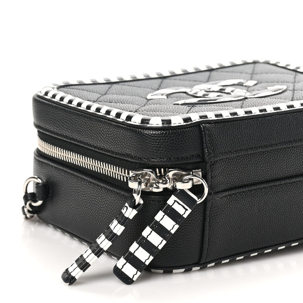 Caviar Quilted Striped Small CC Filigree Vanity Case Black White