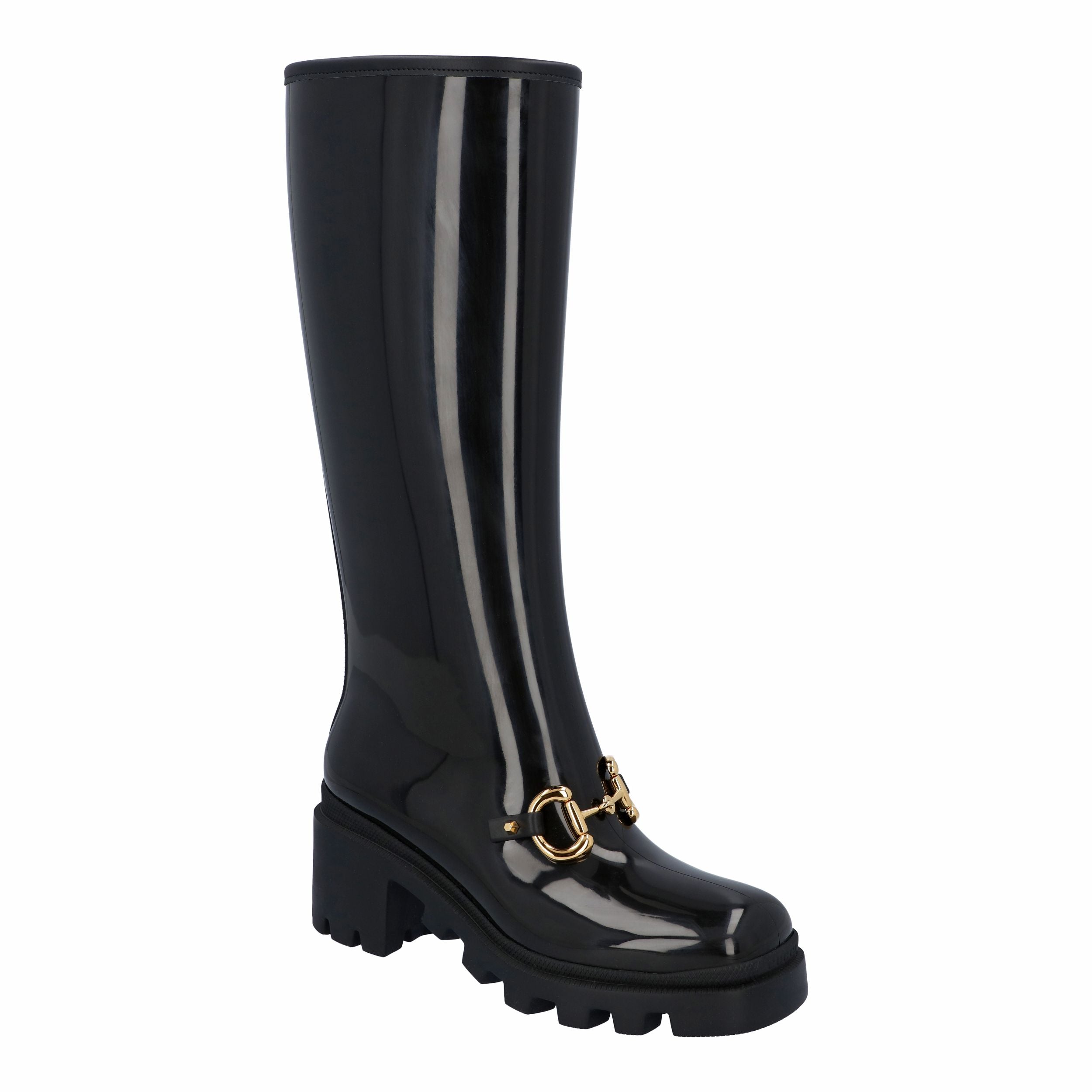 Women's Gucci Women Knee-High Rubber Boot With Horsebit In Black Leather