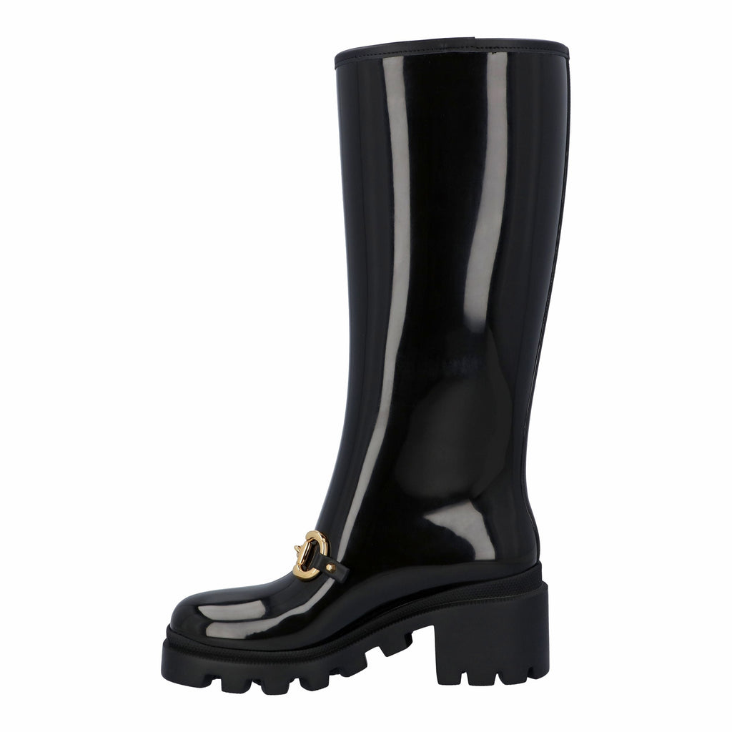 Women's Gucci Women Knee-High Rubber Boot With Horsebit In Black Leather