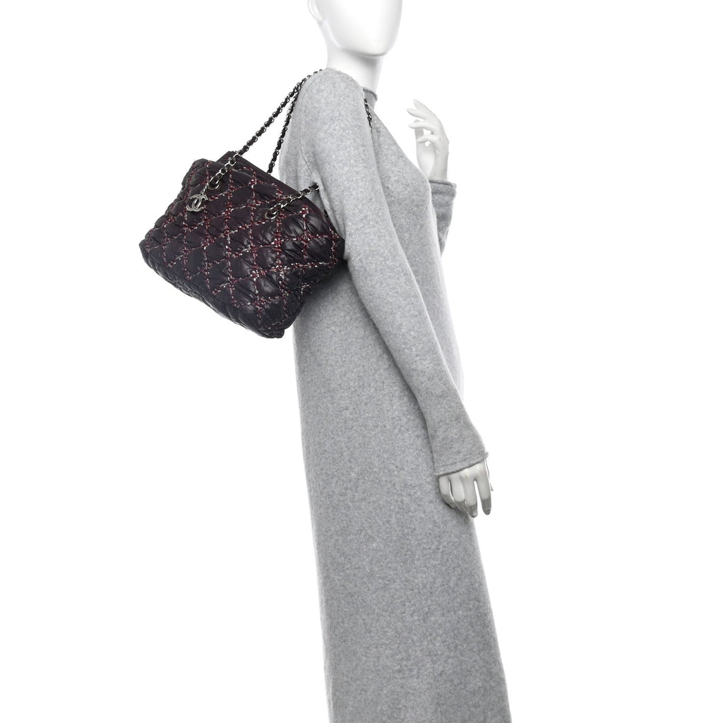 Nylon Quilted Tweed Stitch Bubble Tote Plum