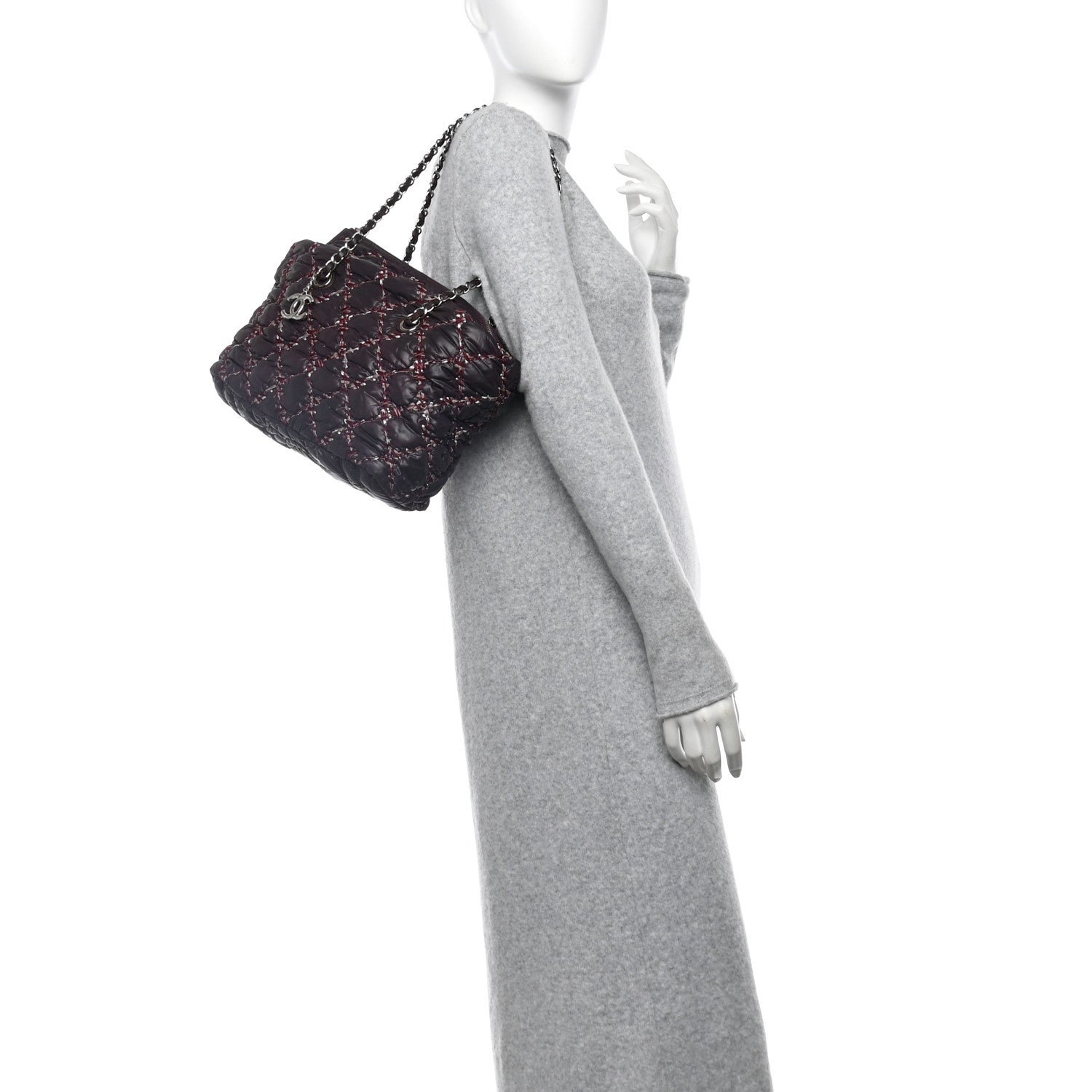 Nylon Quilted Tweed Stitch Bubble Tote Plum