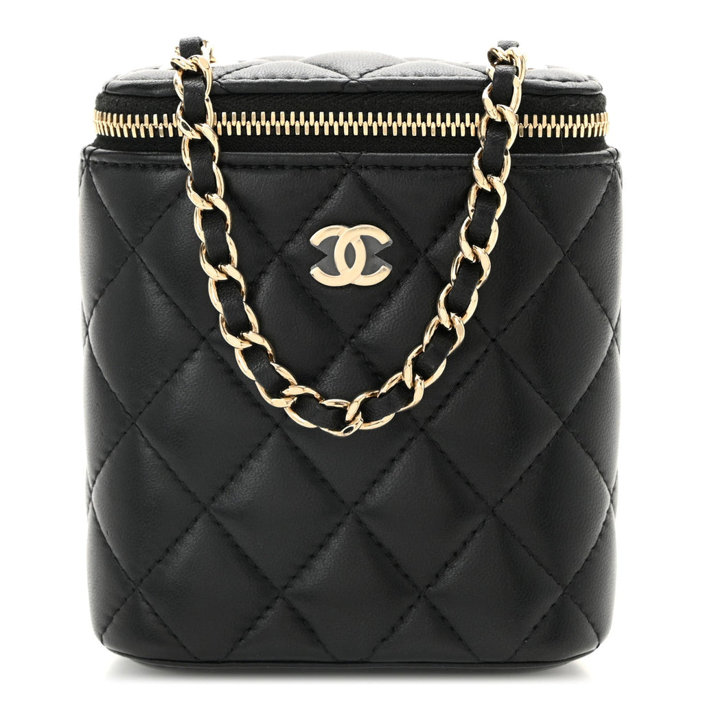Lambskin Quilted Small Vertical Coco Beauty Vanity Case With Chain Black