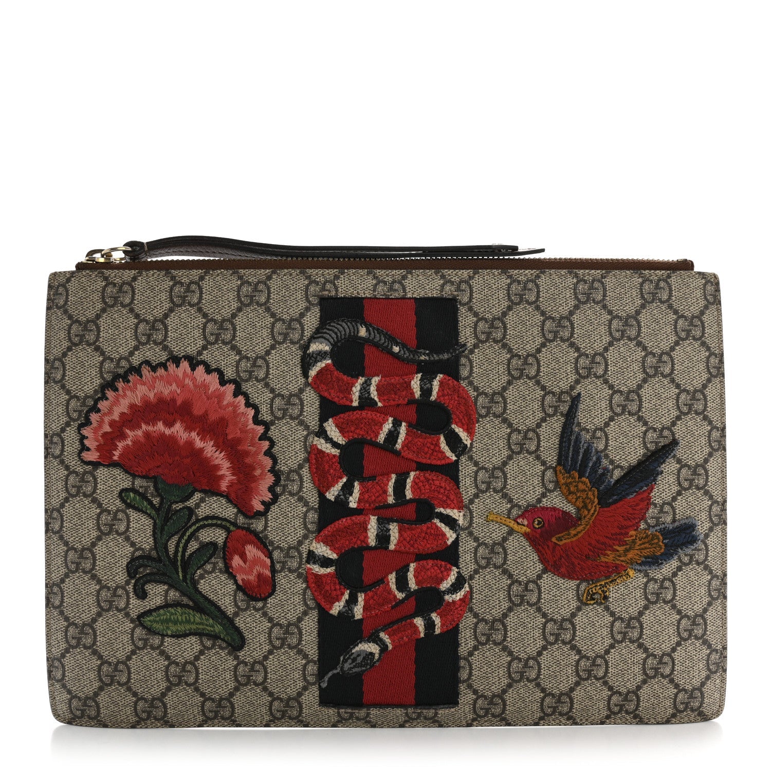 GG Supreme Monogram Web Kingsnake Embroidered Large Zip Pouch Brown