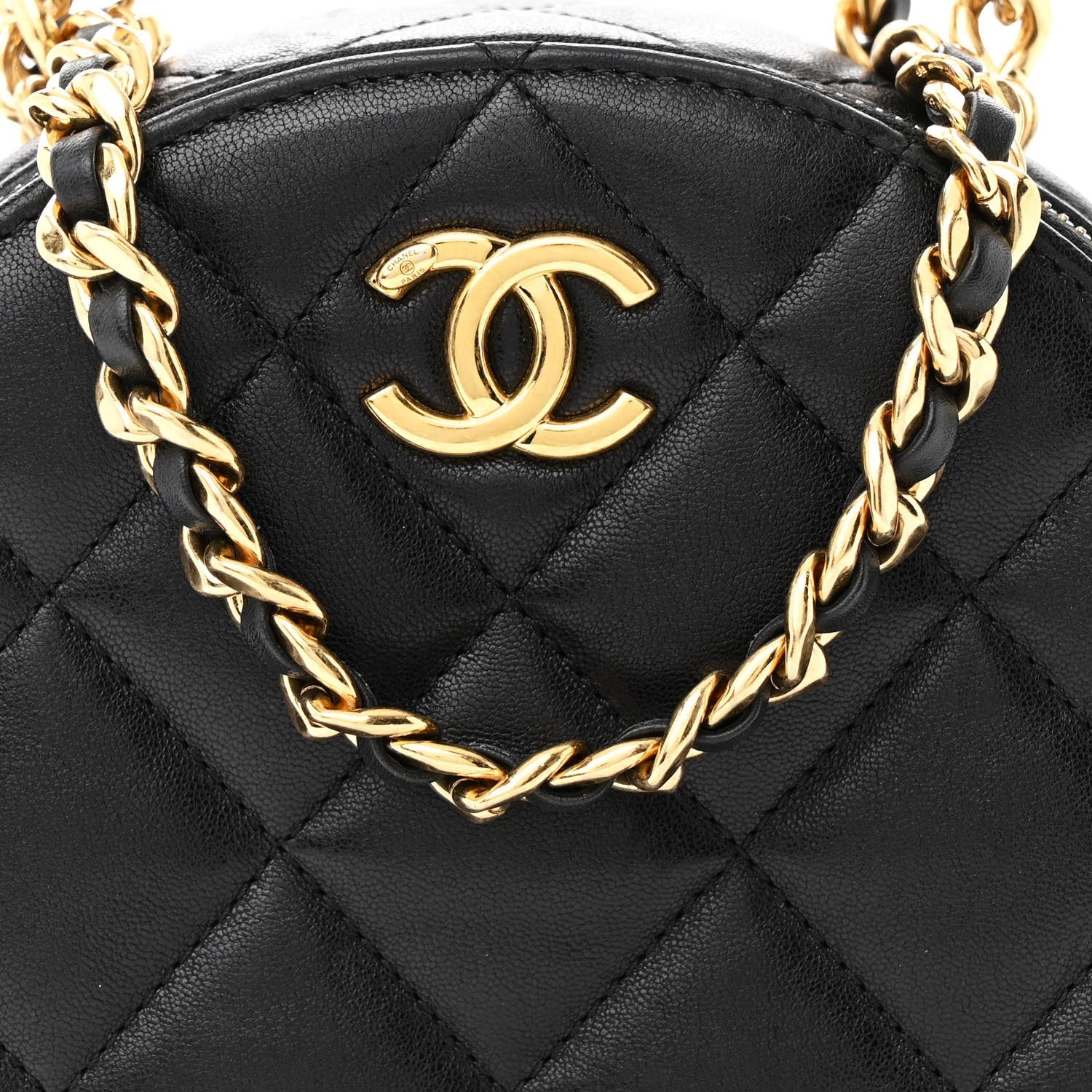 Lambskin Metal Quilted Small Top Handle Round Shoulder Bag Black