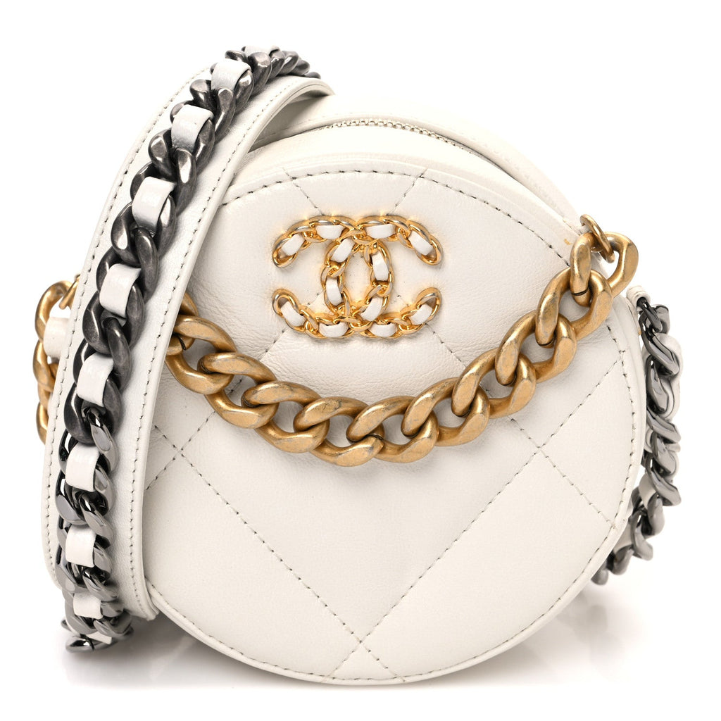 Shiny Goatskin Quilted Chanel 19 Round Clutch With Chain White