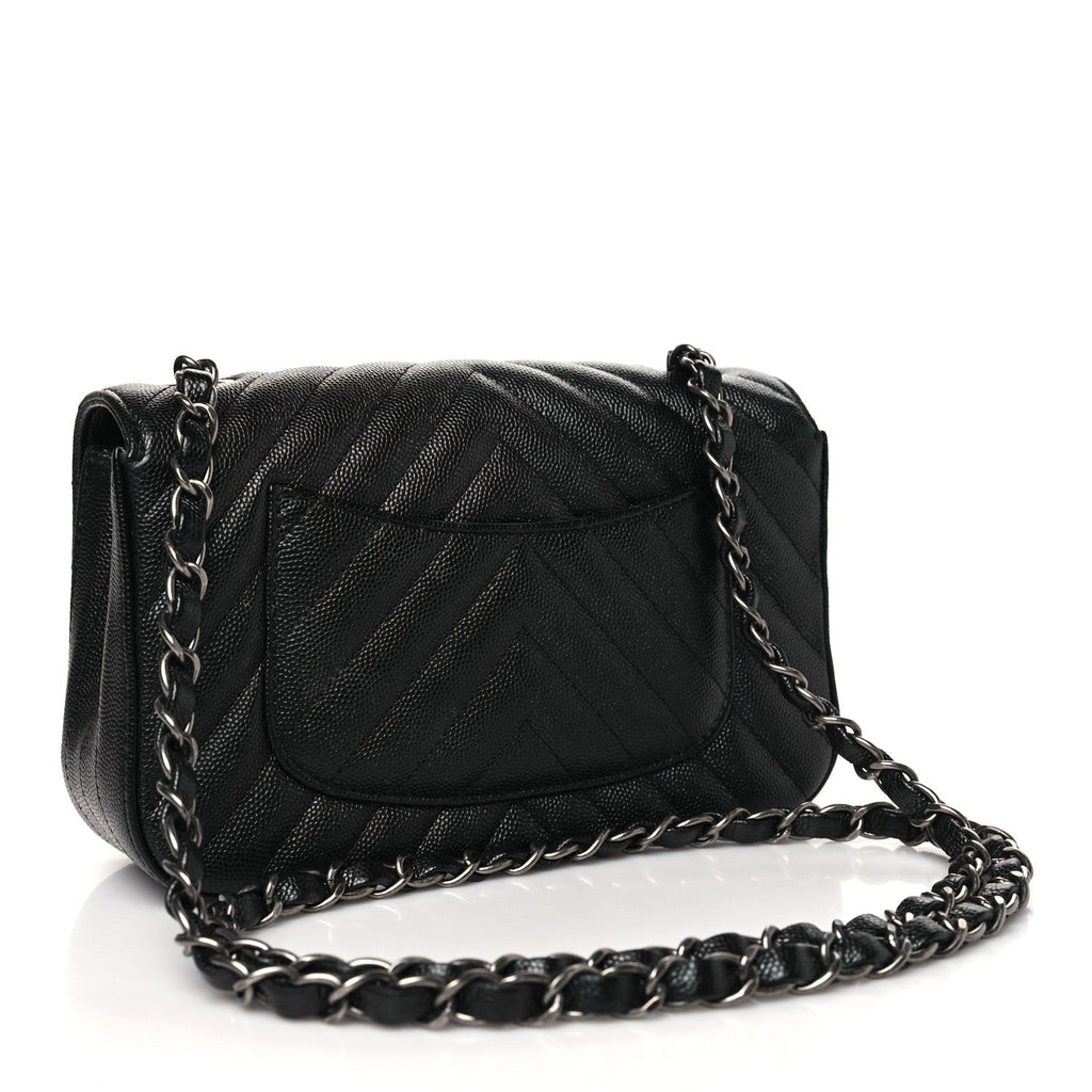 Metallic Caviar Chevron Quilted Mini Rectangular Flap Black