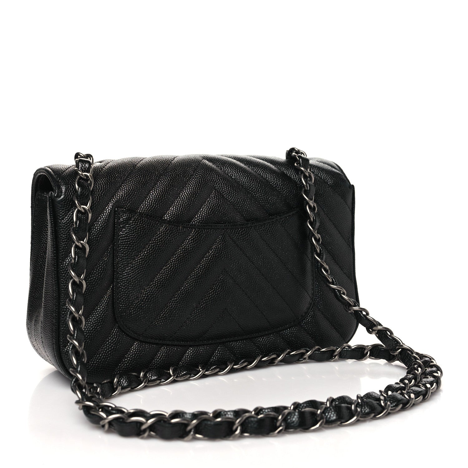 Metallic Caviar Chevron Quilted Mini Rectangular Flap Black