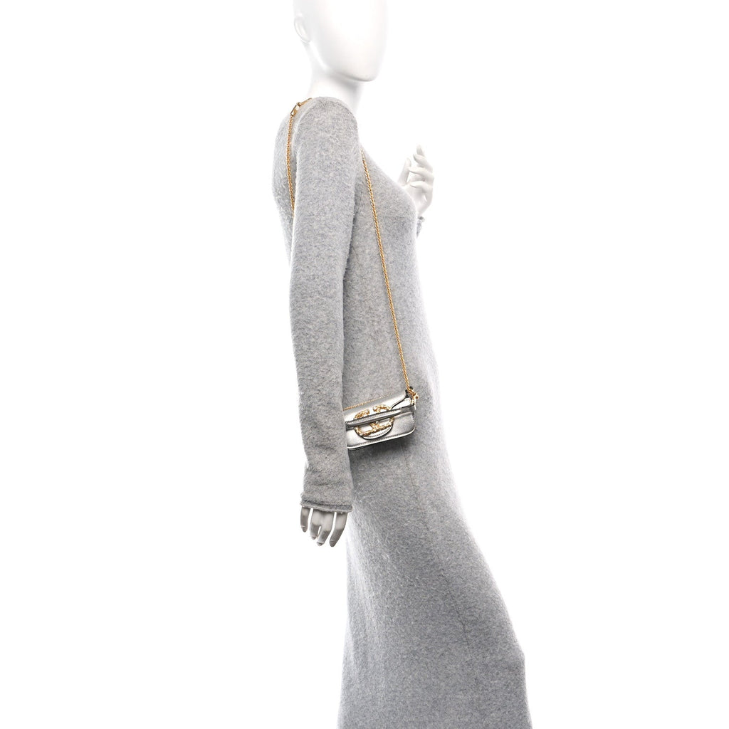 Laminated Calfskin Crystal Vlogo Micro Loco Shoulder Bag Silver Crystal