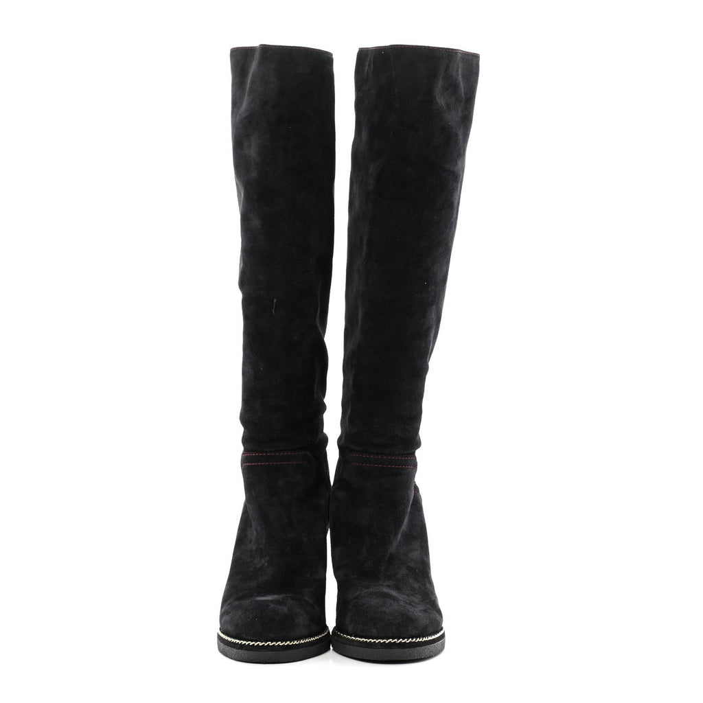 Suede Calfskin Chain Around High Boots 41 Black