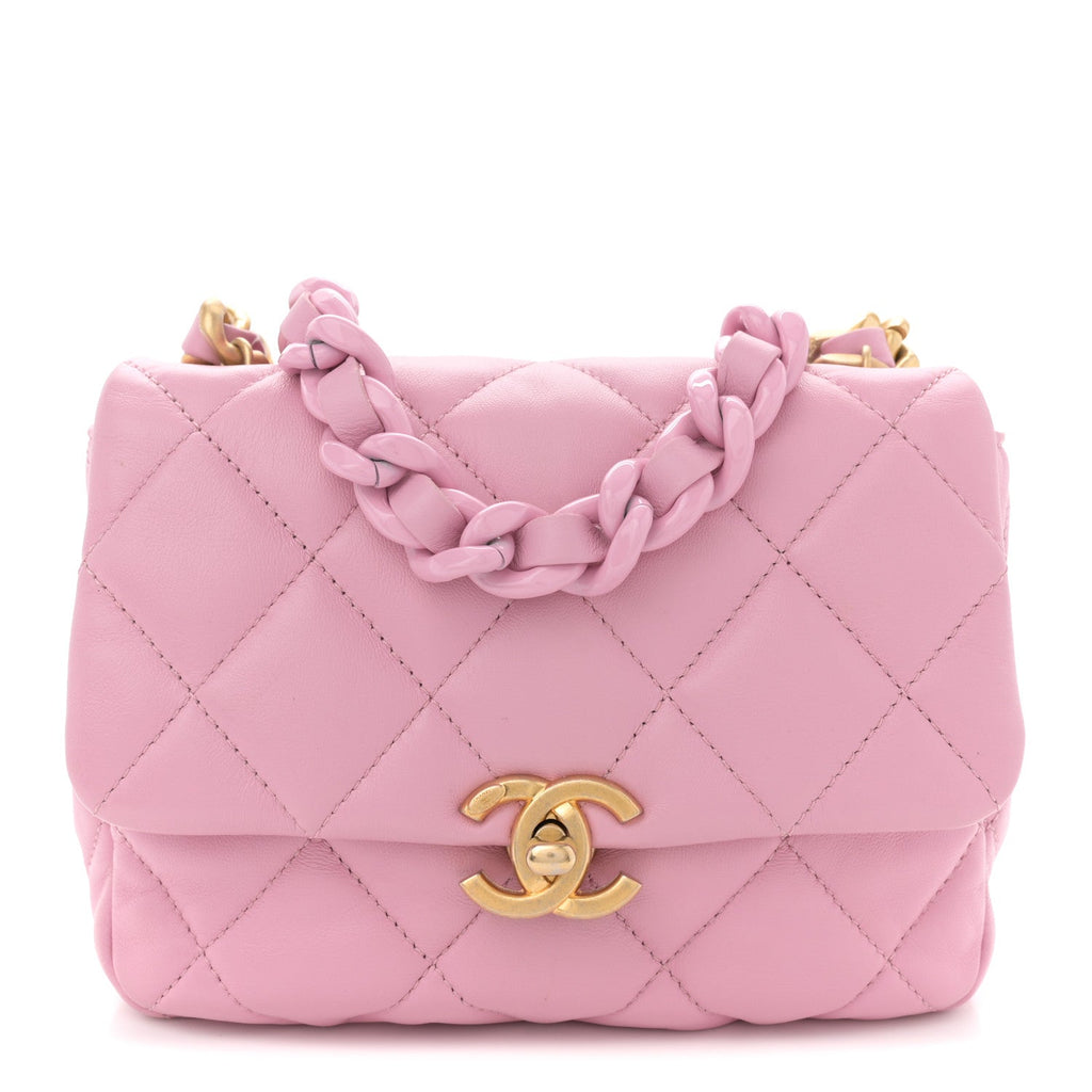 Lambskin Quilted Mini Lacquered Chain Flap Pink