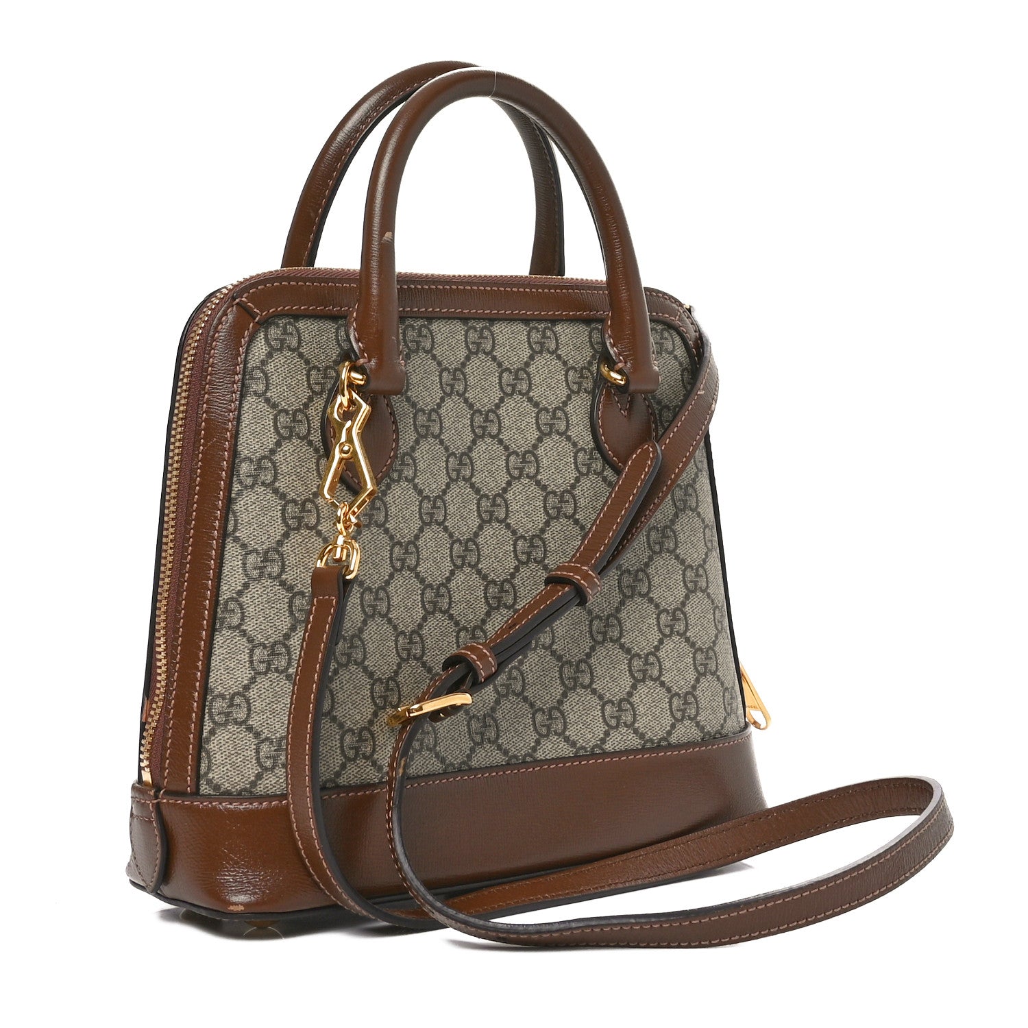 GG Supreme Monogram Azalea Calfskin Small Horsebit 1955 Top Handle Bag Beige Ebony Brown Sugar
