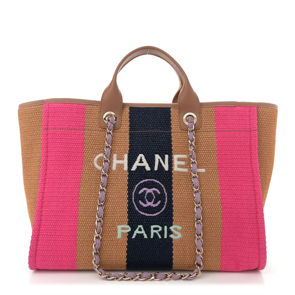 Straw Raffia Calfskin Striped Medium Deauville Tote Dark Beige Fuchsia Navy Blue