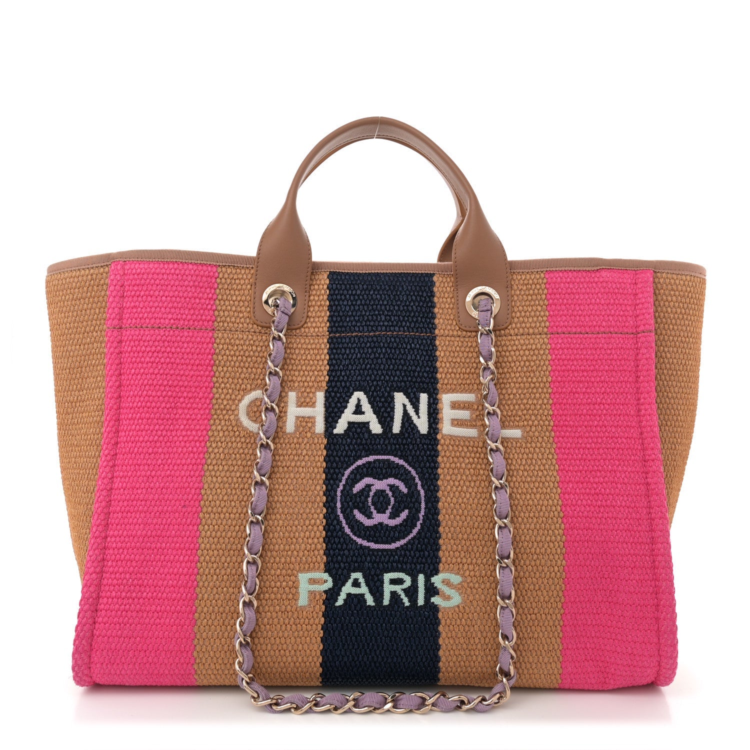 Straw Raffia Calfskin Striped Medium Deauville Tote Dark Beige Fuchsia Navy Blue