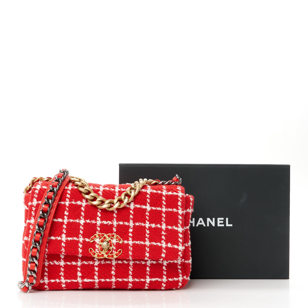 Tweed Quilted Medium Chanel 19 Flap Red White