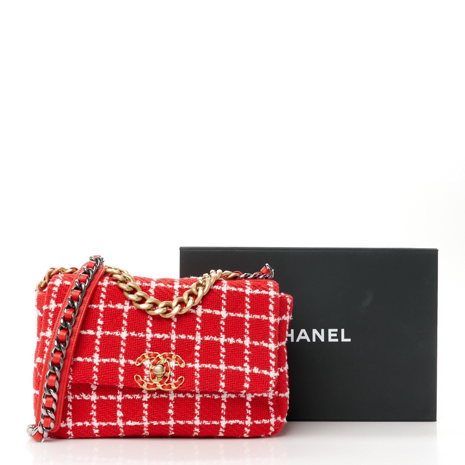 Tweed Quilted Medium Chanel 19 Flap Red White