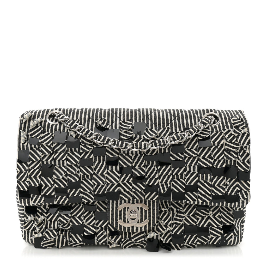 Canvas Sequin Stripe Medium Double Flap Black White