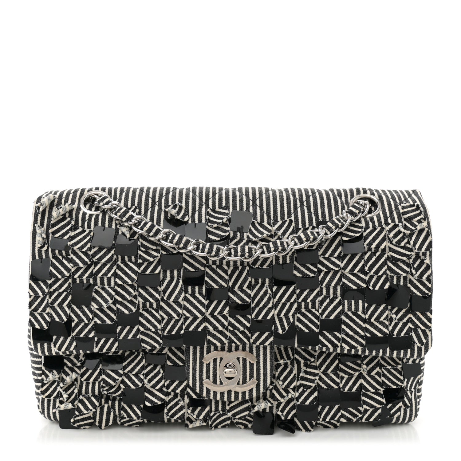 Canvas Sequin Stripe Medium Double Flap Black White