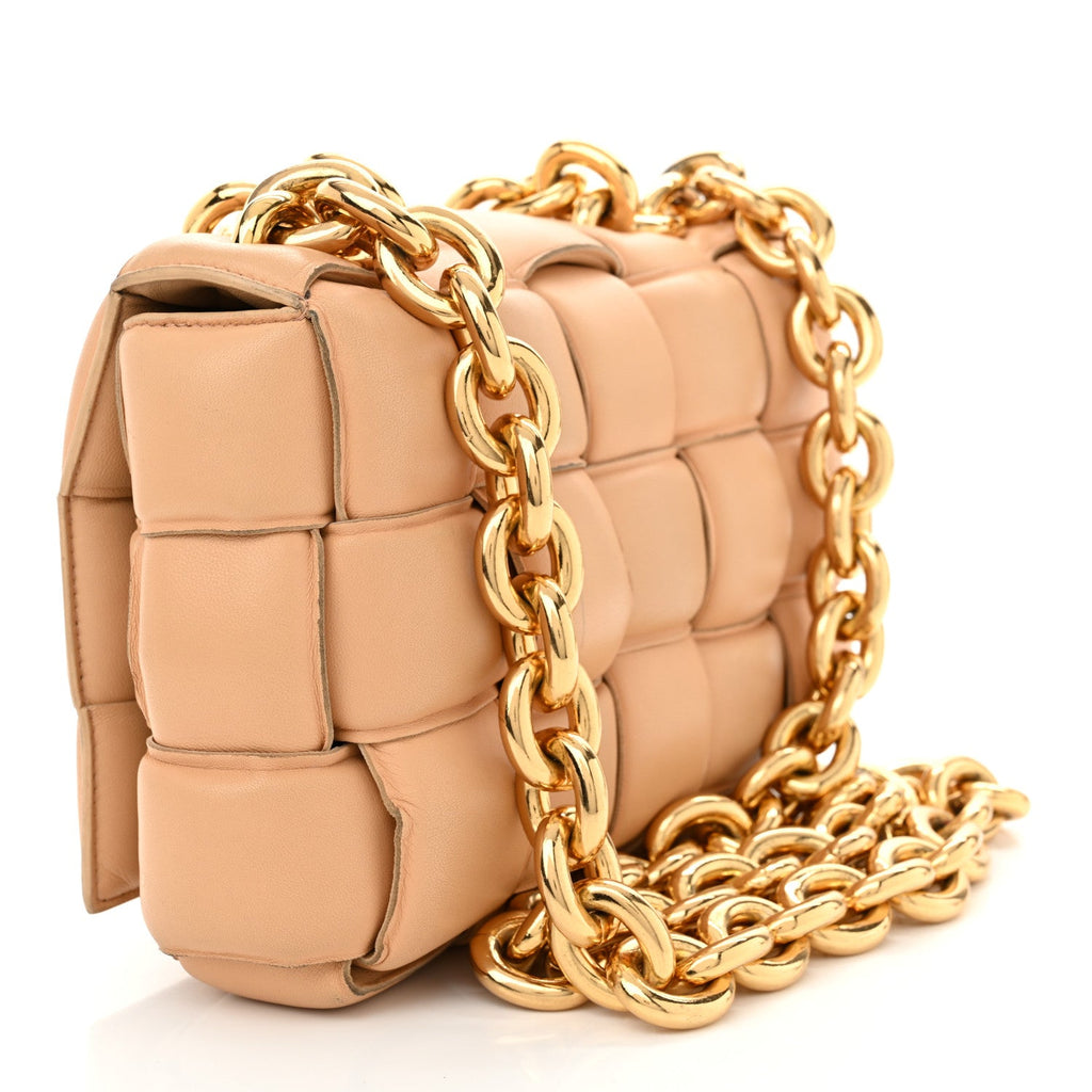 Lambskin Maxi Intreccio Padded Chain Cassette Crossbody Bag Almond