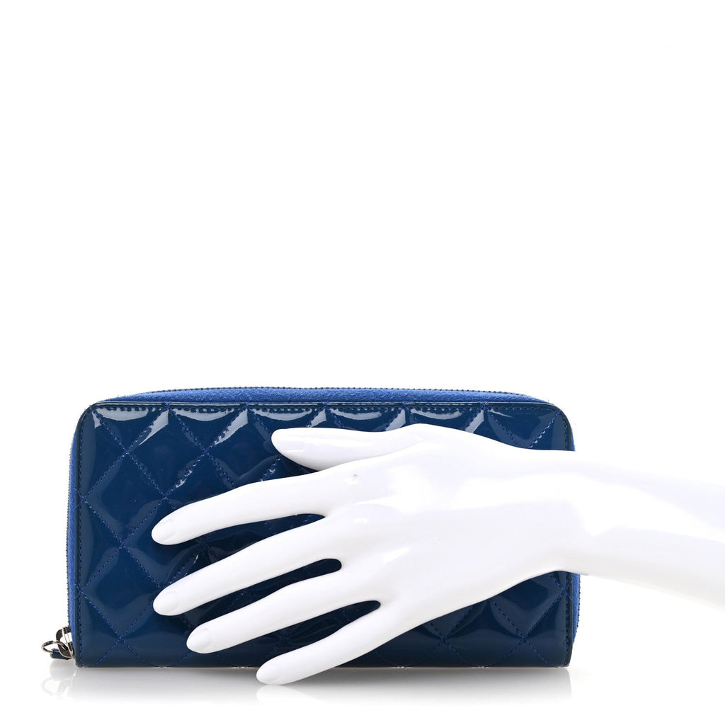 Patent Calfskin Quilted Large Gusset Zip Around Wallet Blue