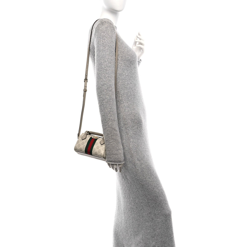 GG Supreme Monogram Textured Dollar Calfskin Web Super Mini Ophidia Top Handle Bowler Bag Beige Mystic White Oatmeal