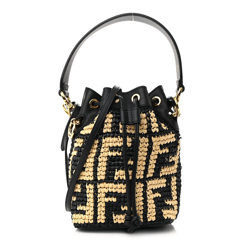 Raffia Vitello Seta F is Fendi FF Woven Mini Mon Tresor Bucket Bag Black Natural