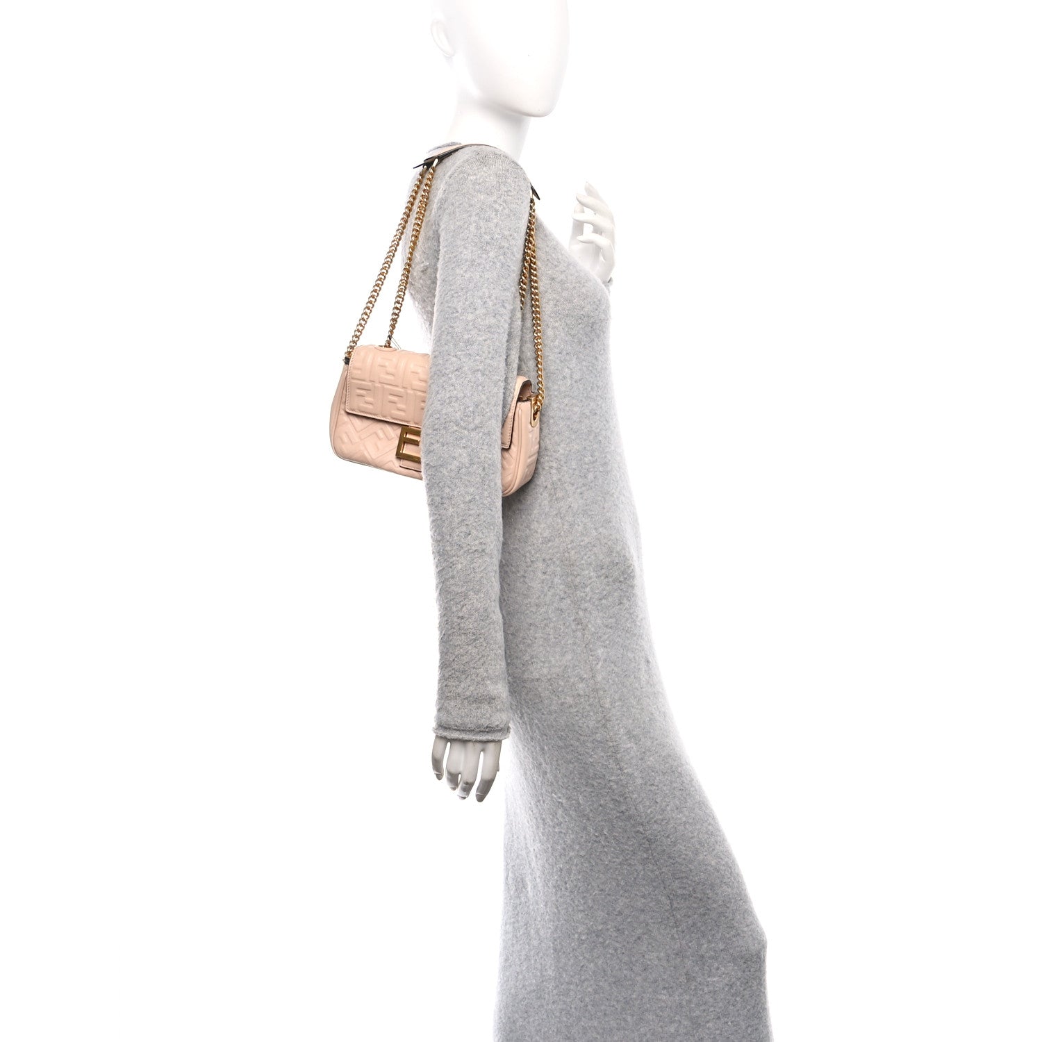 Nappa Small FF Embossed Midi Chain Baguette Light Rose