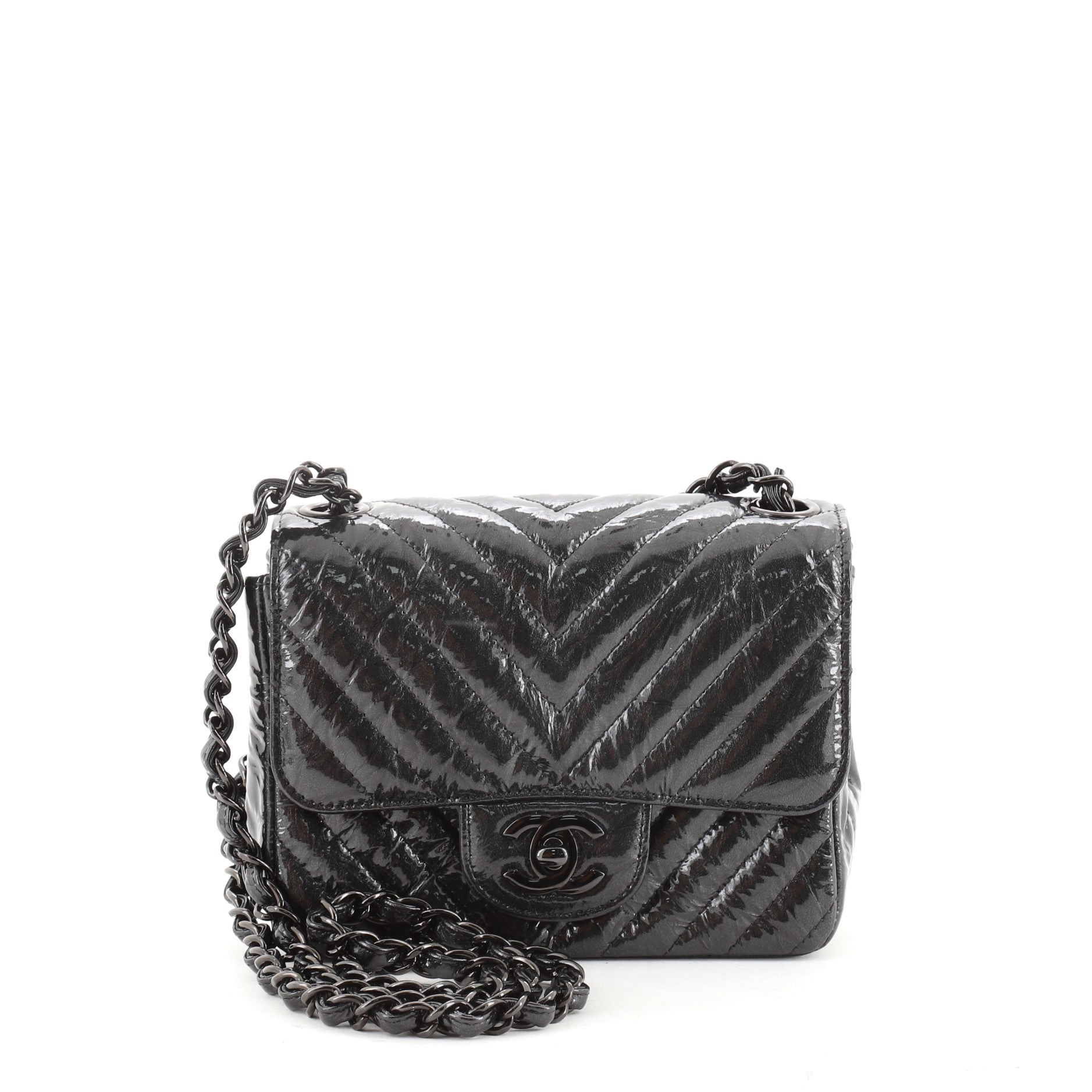 So Black Square Classic Single Flap Bag Chevron Crumpled Metallic Calfskin Mini