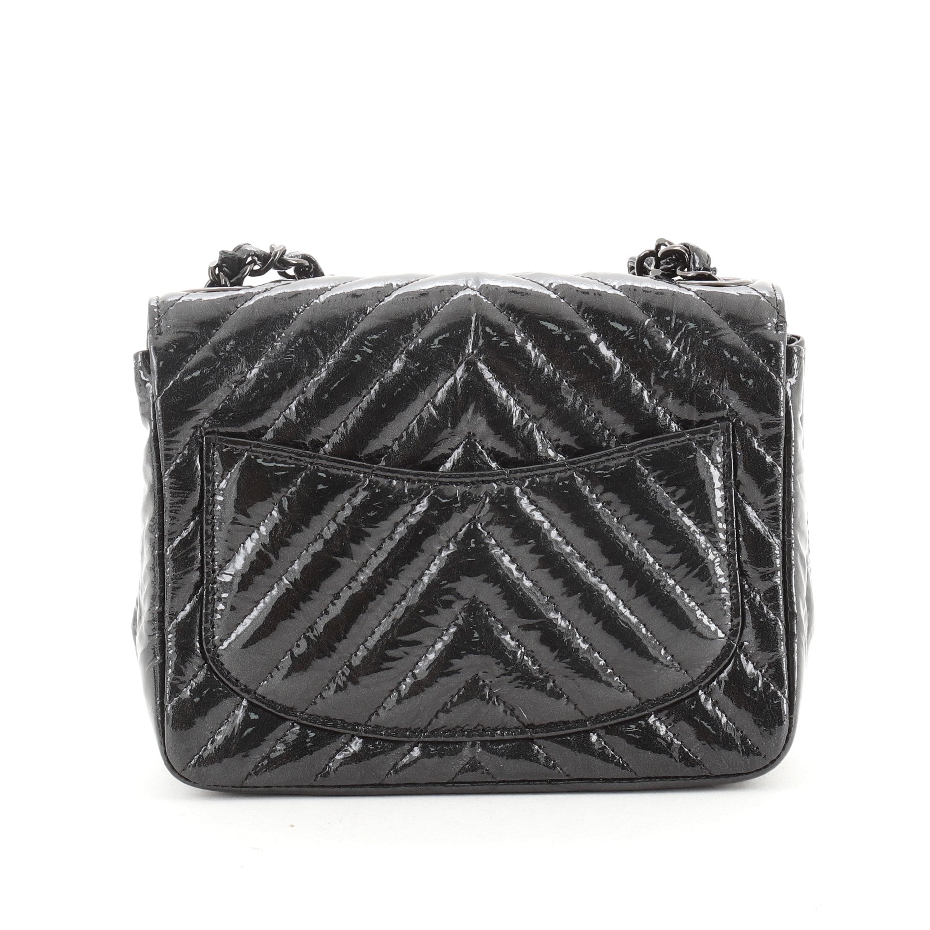 So Black Square Classic Single Flap Bag Chevron Crumpled Metallic Calfskin Mini