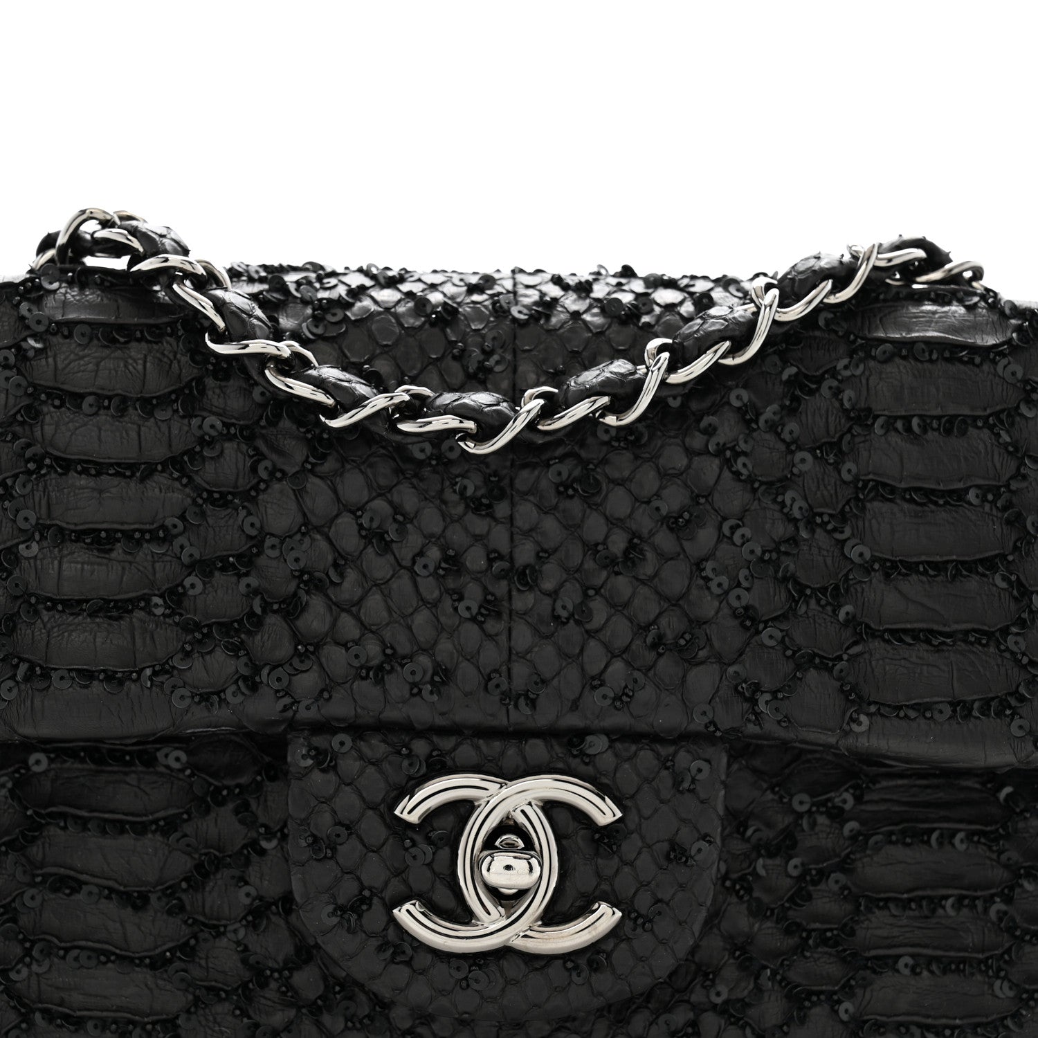 Metallic Snakeskin Sequin Flap Black