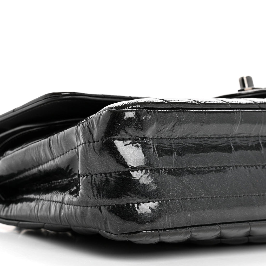 Metallic Patent Crumpled Calfskin Chevron Quilted Medium Double Flap So Black