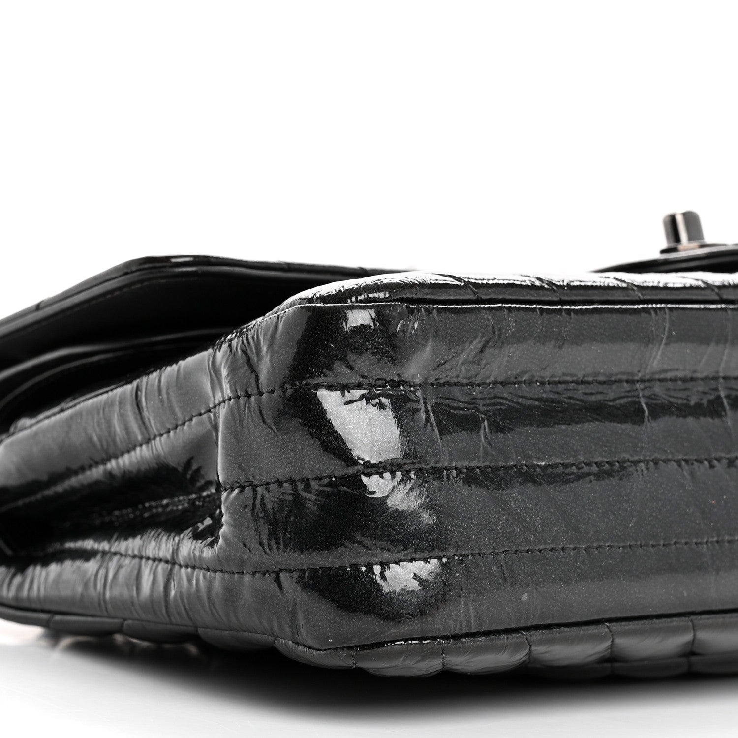 Metallic Patent Crumpled Calfskin Chevron Quilted Medium Double Flap So Black