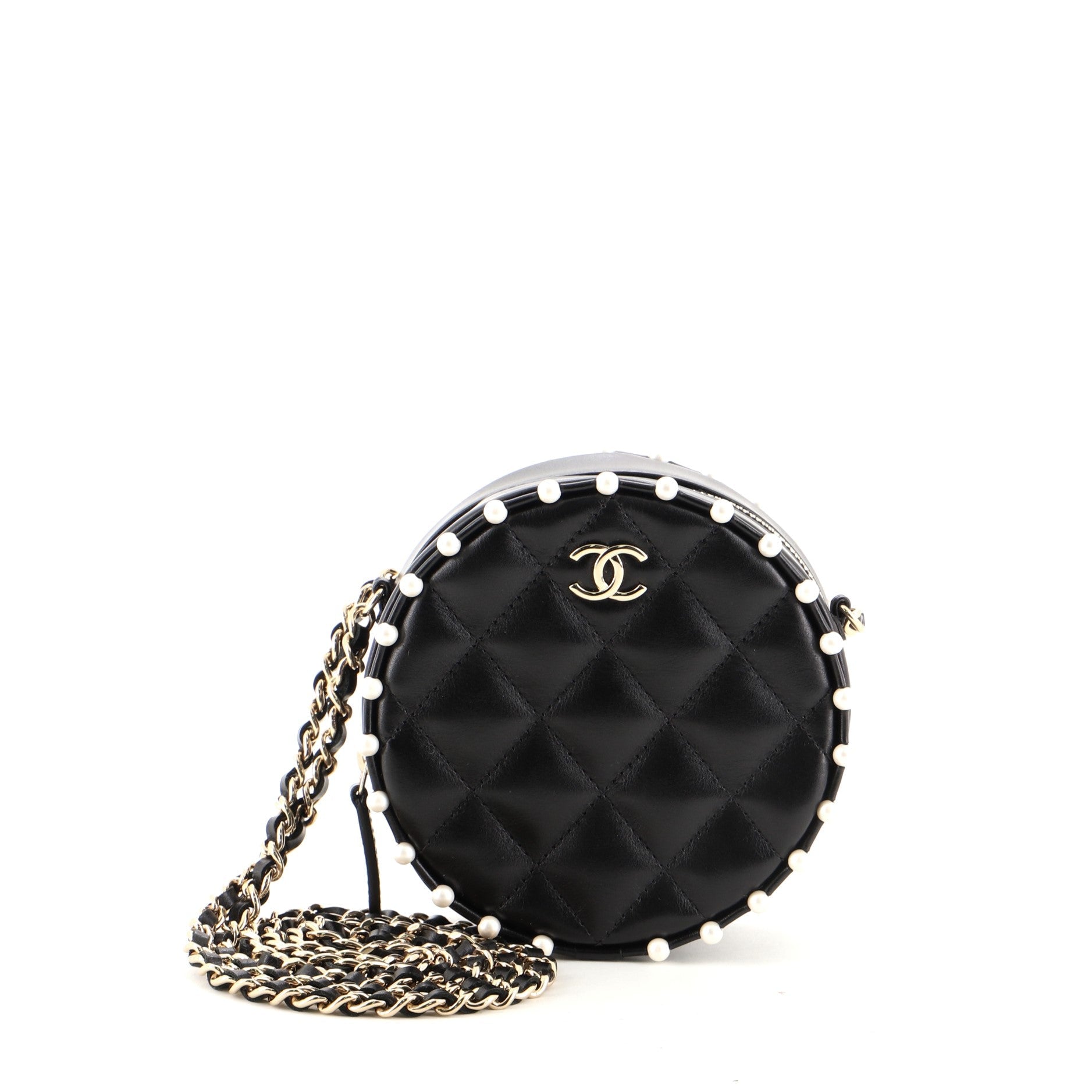 Round Clutch with Chain Quilted Calfskin with Pearl Detail