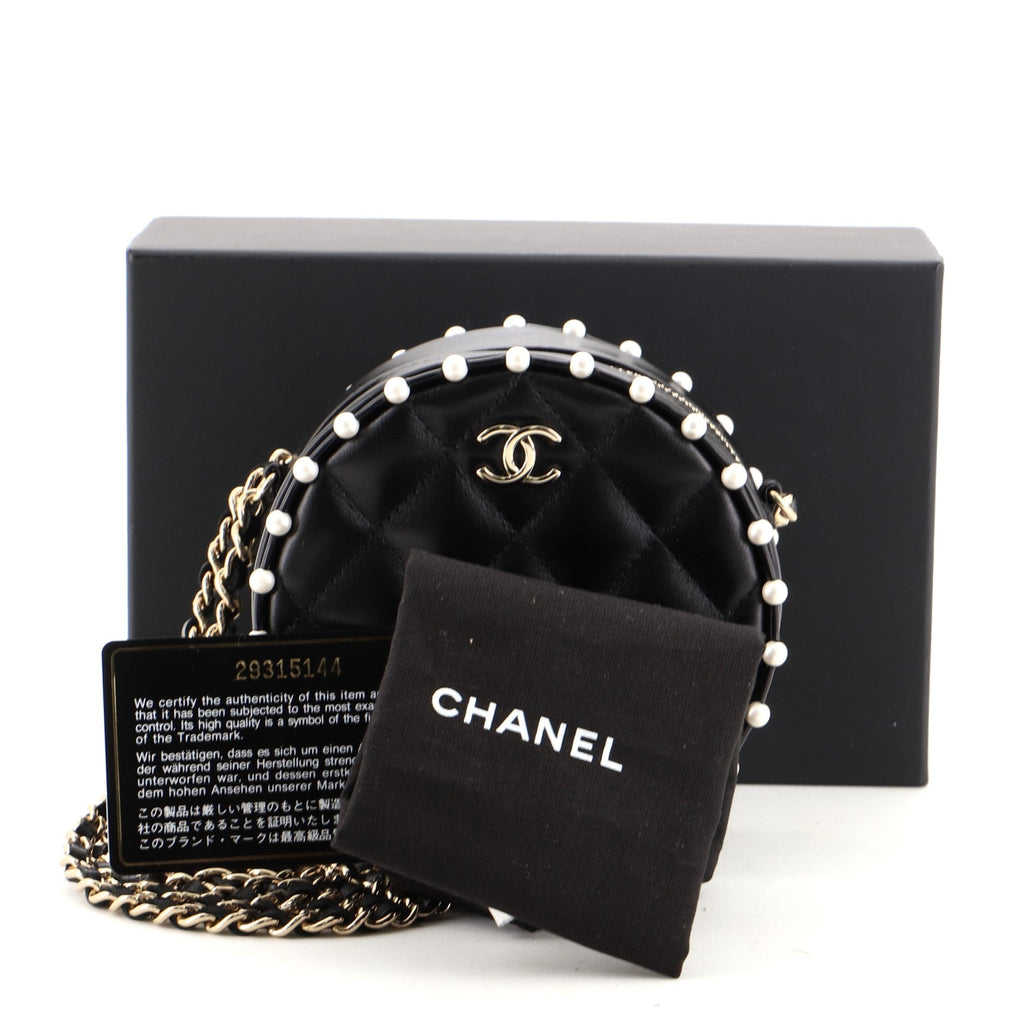 Round Clutch with Chain Quilted Calfskin with Pearl Detail