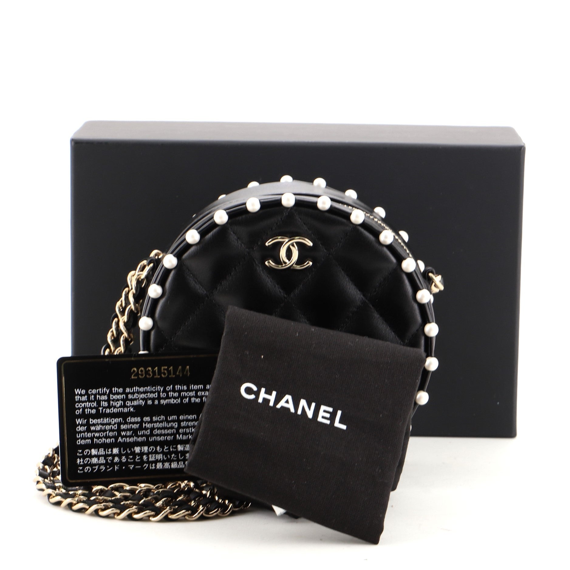 Round Clutch with Chain Quilted Calfskin with Pearl Detail