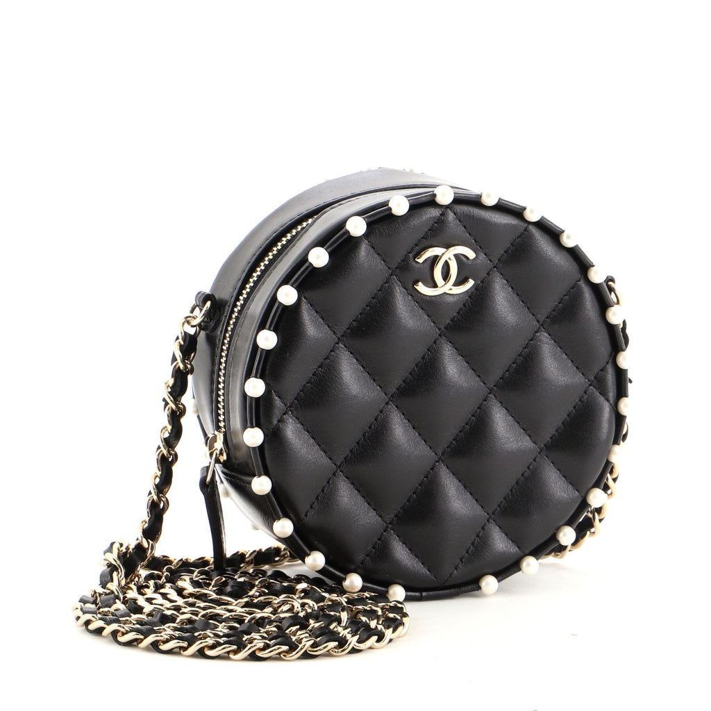 Round Clutch with Chain Quilted Calfskin with Pearl Detail