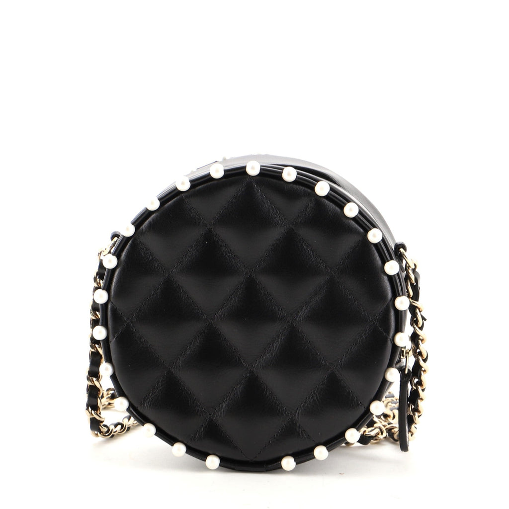 Round Clutch with Chain Quilted Calfskin with Pearl Detail