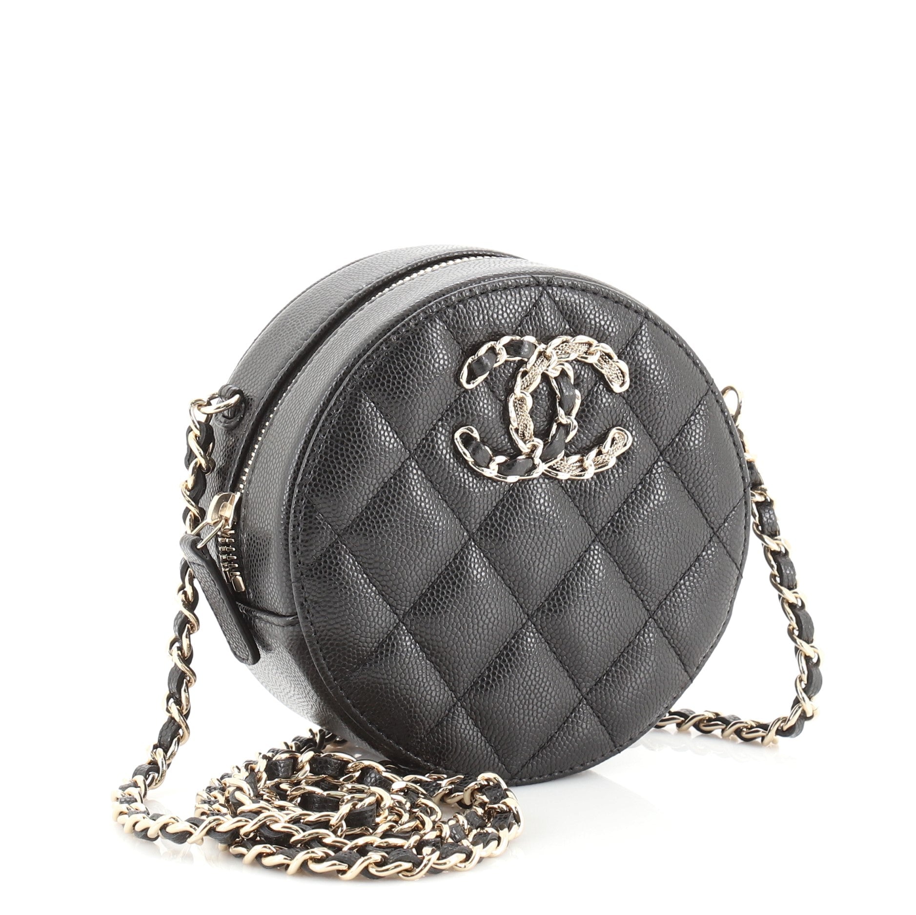 Chained CC Round Clutch with Chain Quilted Caviar
