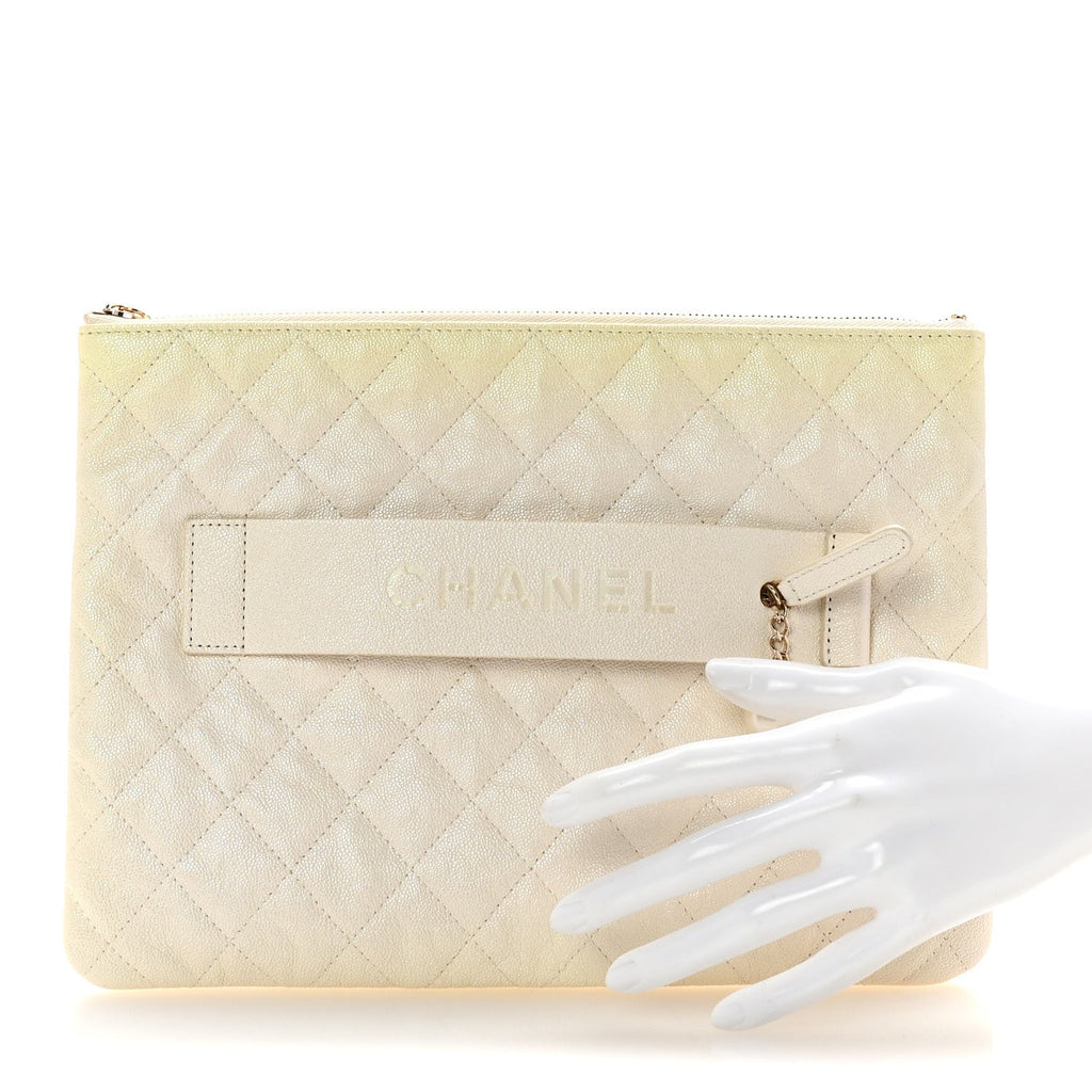 Iridescent Caviar Medium Night by the C Pouch Clutch White