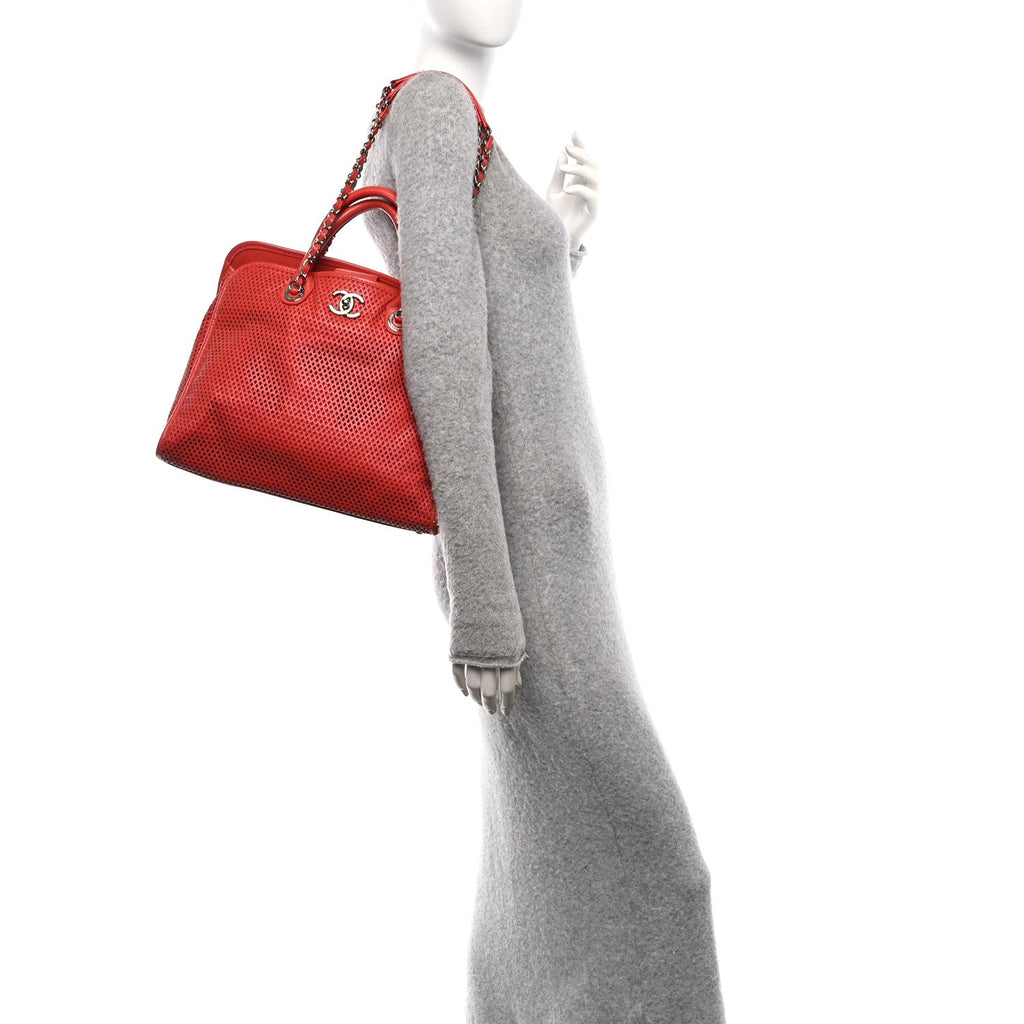 Calfskin Perforated Up In The Air Tote Red