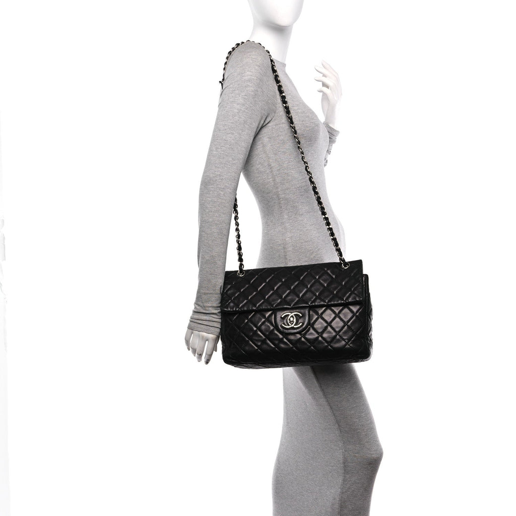 Washed Lambskin Quilted Maxi Single Flap Black