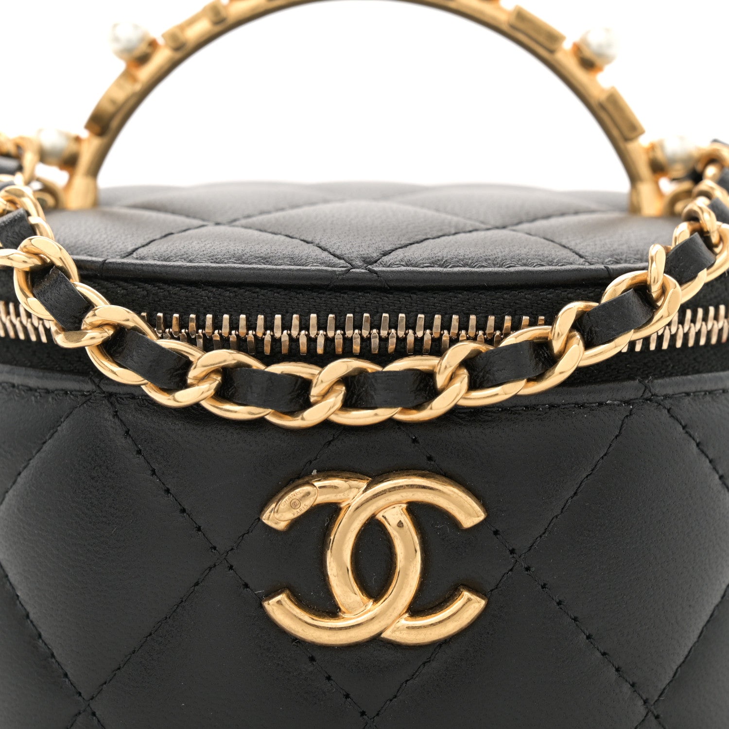 Lambskin Pearl Crystal Quilted Pearly Girl Top Handle Round Vanity Case With Chain Black