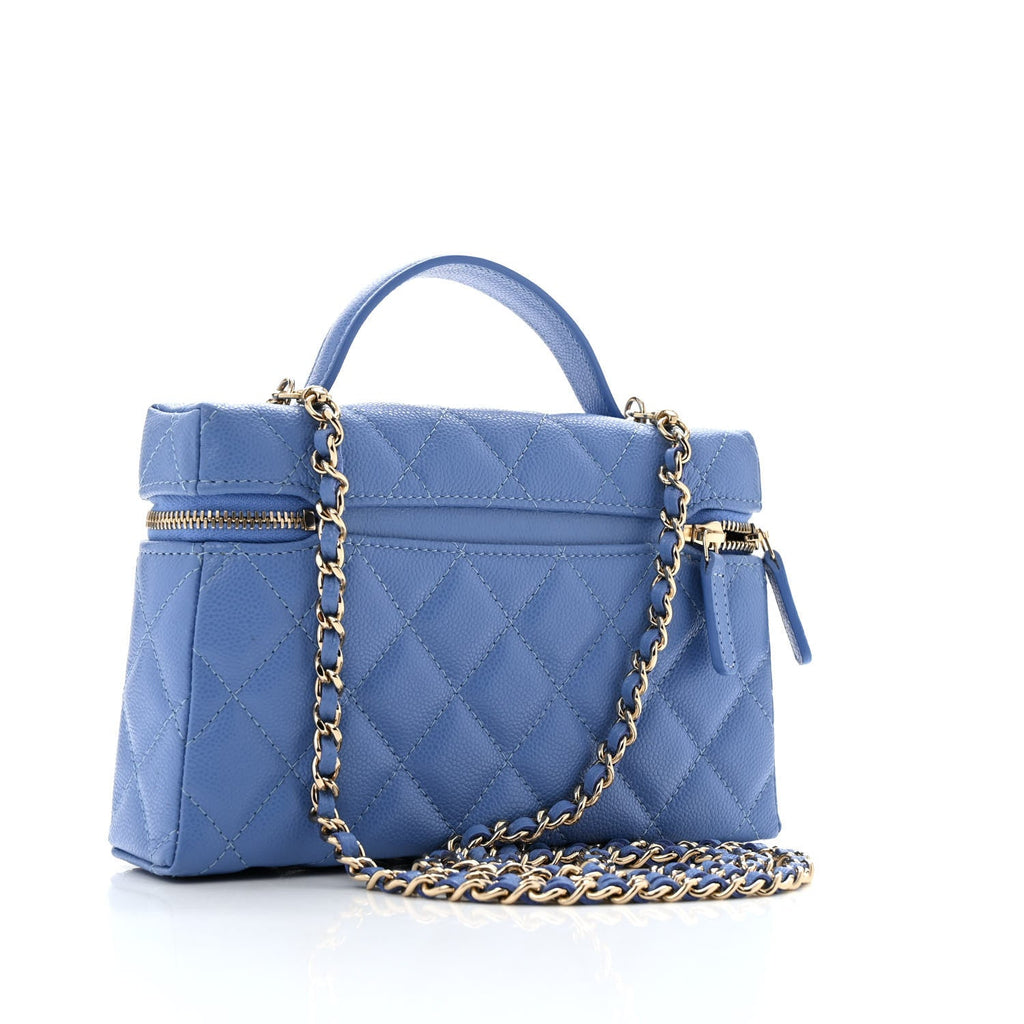 Caviar Quilted Top Handle Slim Vanity With Chain Blue