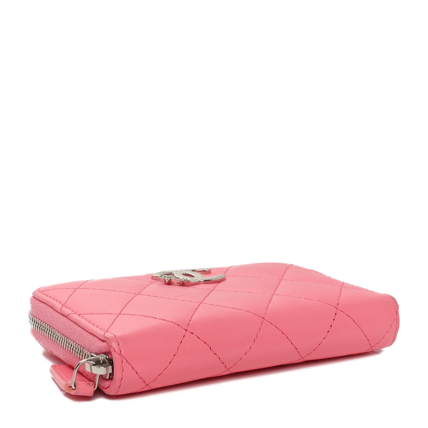 Lambskin Crystal Star Quilted Studded CC Zip Around  Holder Wallet Pink