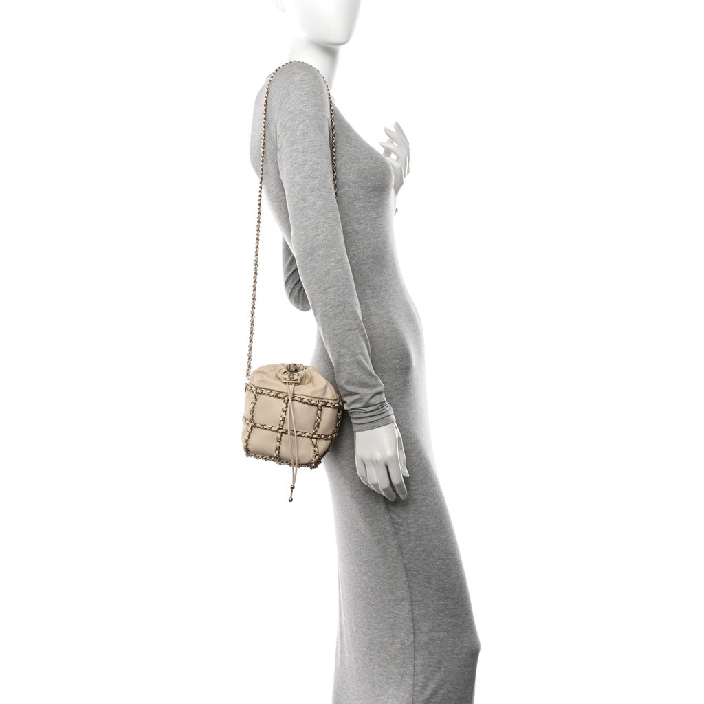 Lambskin Bucket Chain Drawstring Bag Beige