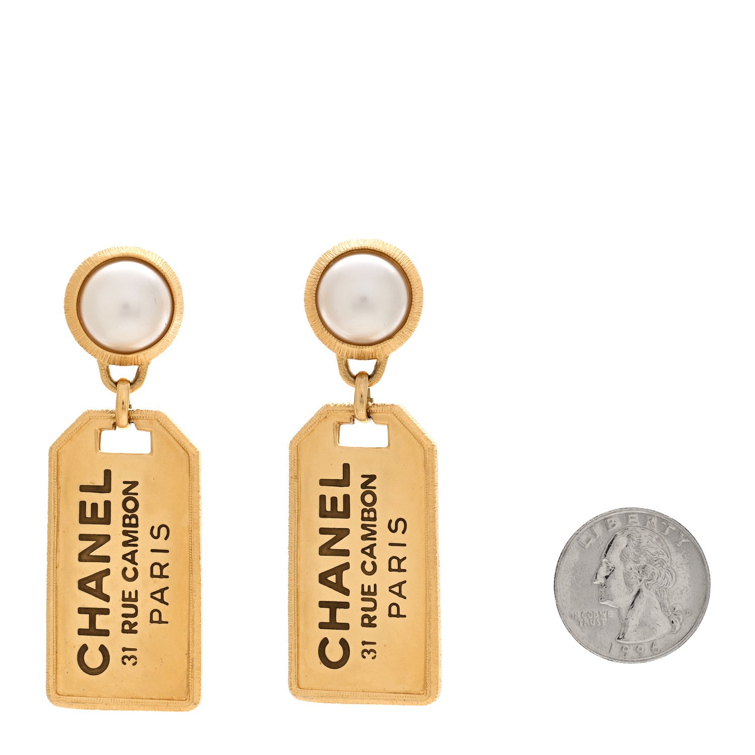 Pearl CC Tags Drop Earrings Gold